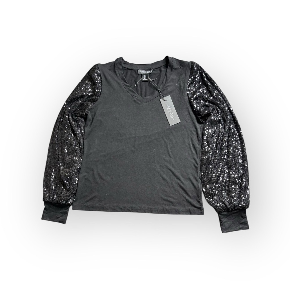 Rachel Zoe Sequin Sleeve Top Black V-Neck Women’s Small NWT